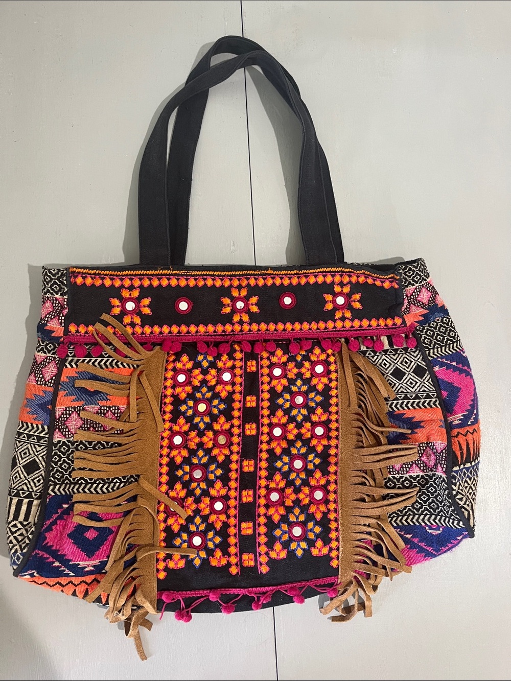 Boho Embroidered Fringe Tote Bag in Black & Multi